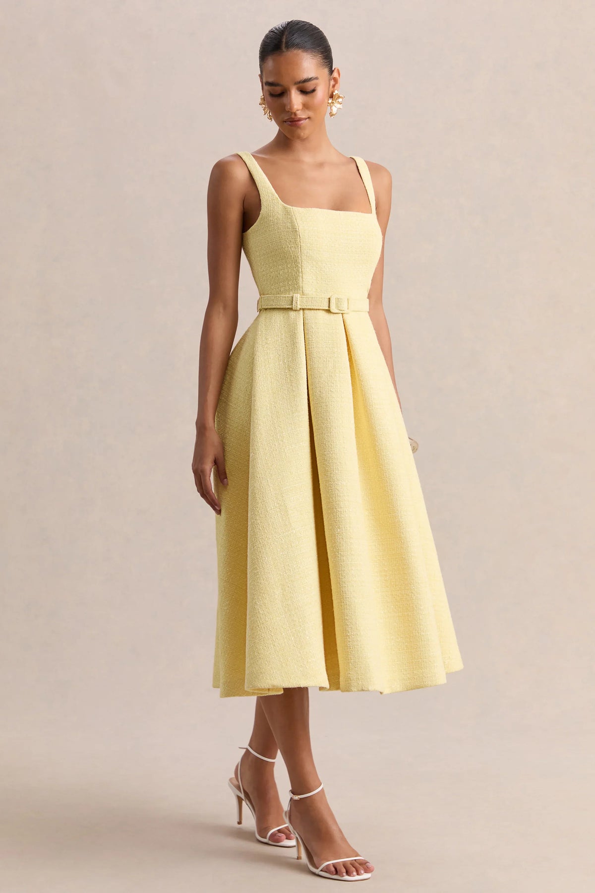 Camoria Lemon Boucle Square Neck Midi Dress