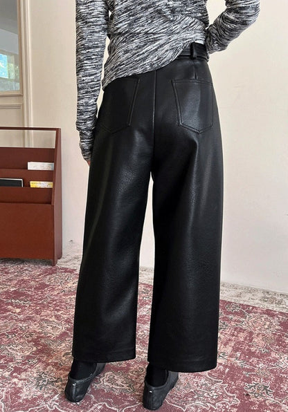 Vintage Eco Leather Matte Textured Wide Leg Structured Pants