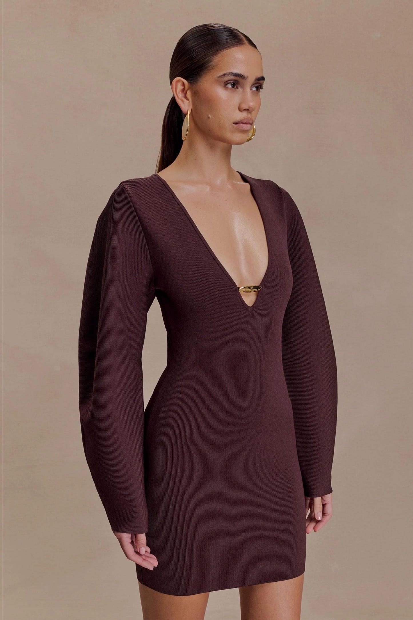 Billy Balloon Sleeve Knit Mini Dress Dark Chocolate