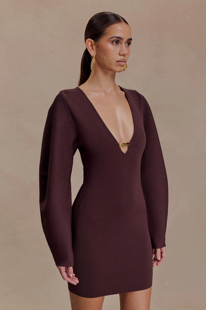 Billy Balloon Sleeve Knit Mini Dress Dark Chocolate