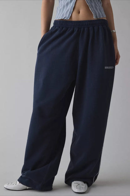 Embroidered Elastic Waist Loose Straight Pants