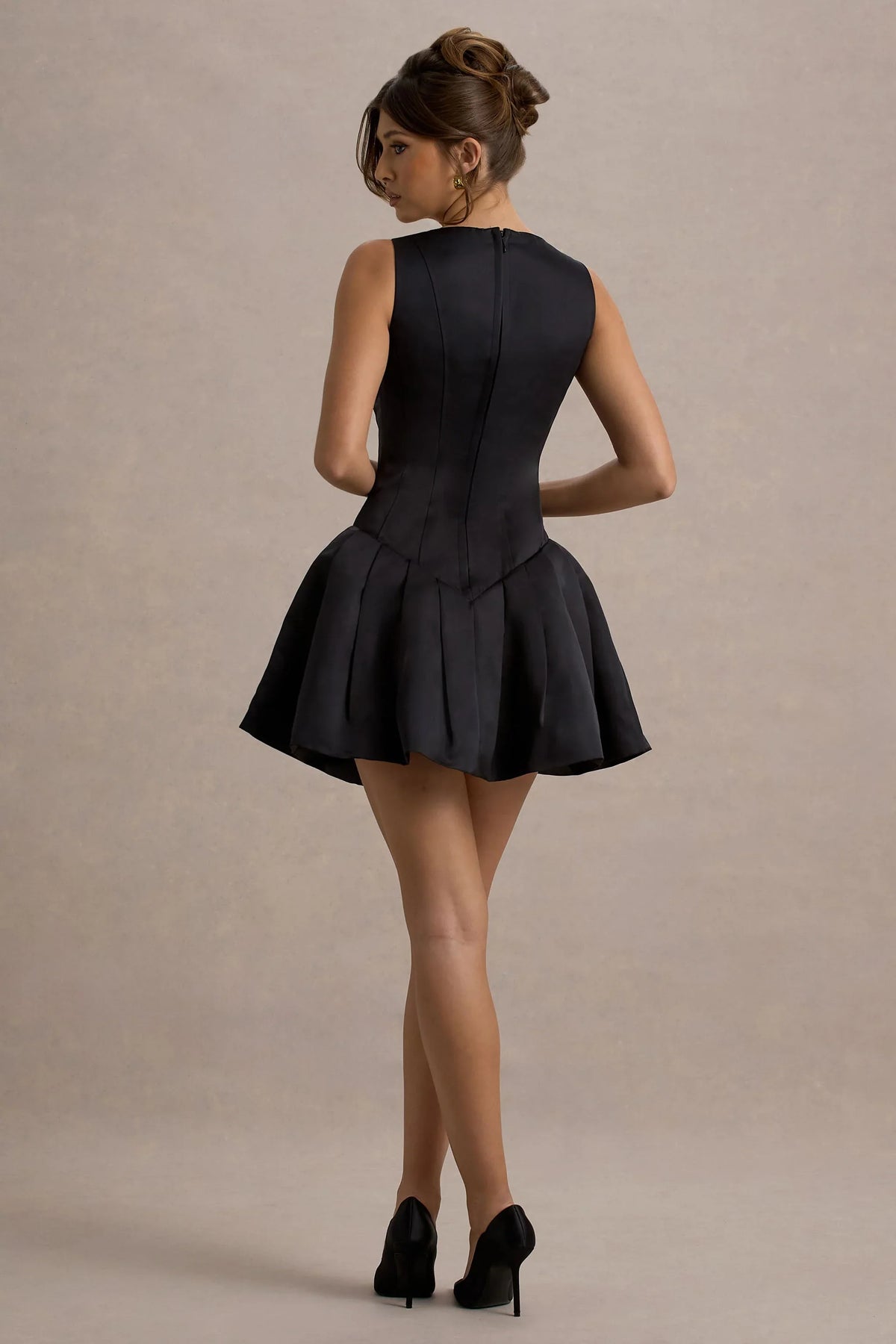 Bramble Black Satin Square Neck Puffball Mini Dress