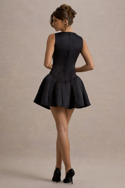 Bramble Black Satin Square Neck Puffball Mini Dress