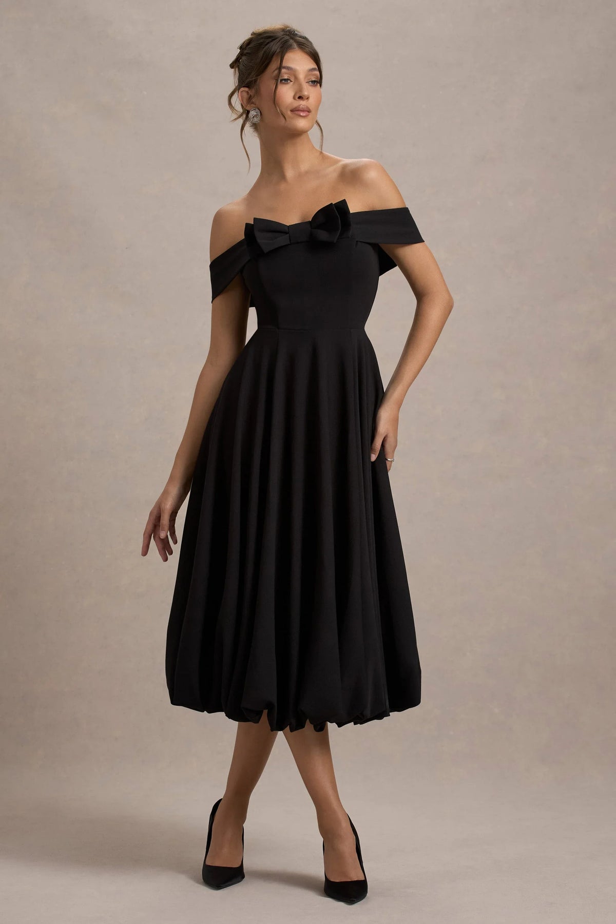 Calliopia Black Bow Bardot Midi Dress With Puff Ball Skirt