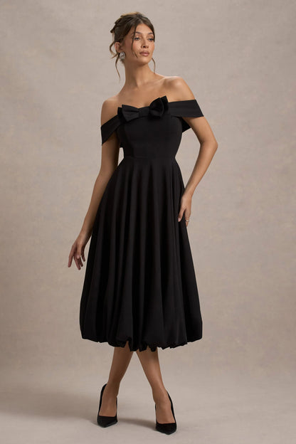 Calliopia Black Bow Bardot Midi Dress With Puff Ball Skirt