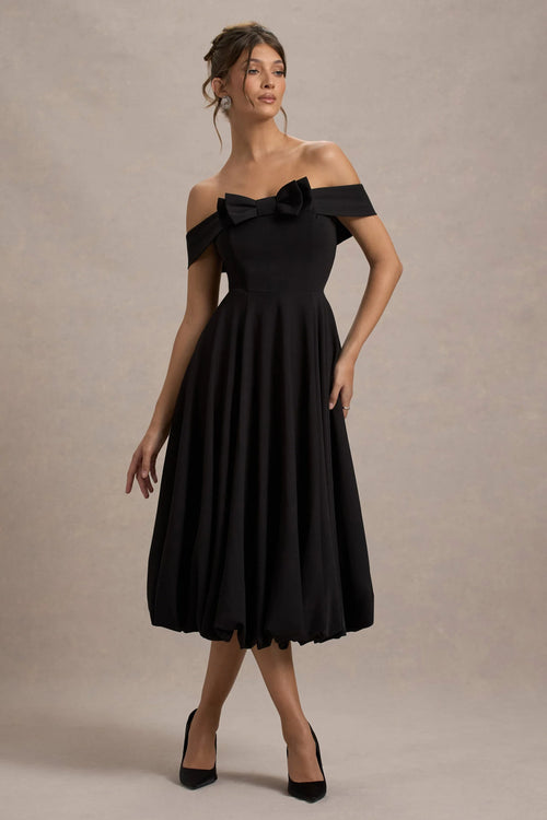 Calliopia Black Bow Bardot Midi Dress With Puff Ball Skirt