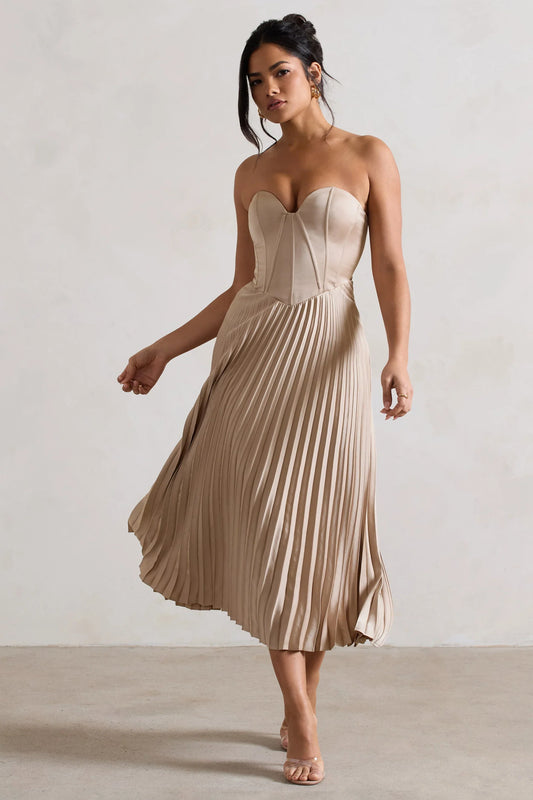 Bordeaux Champagne Satin Corset Style Midi Dress