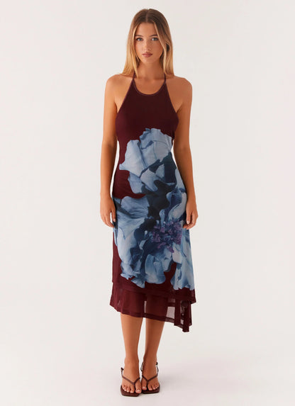 Brinley Halterneck Midi Dress Maroon Print
