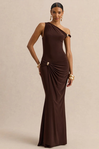 Caelia Brown Asymmetric Neck Maxi Dress With Gold Detailing And Sash