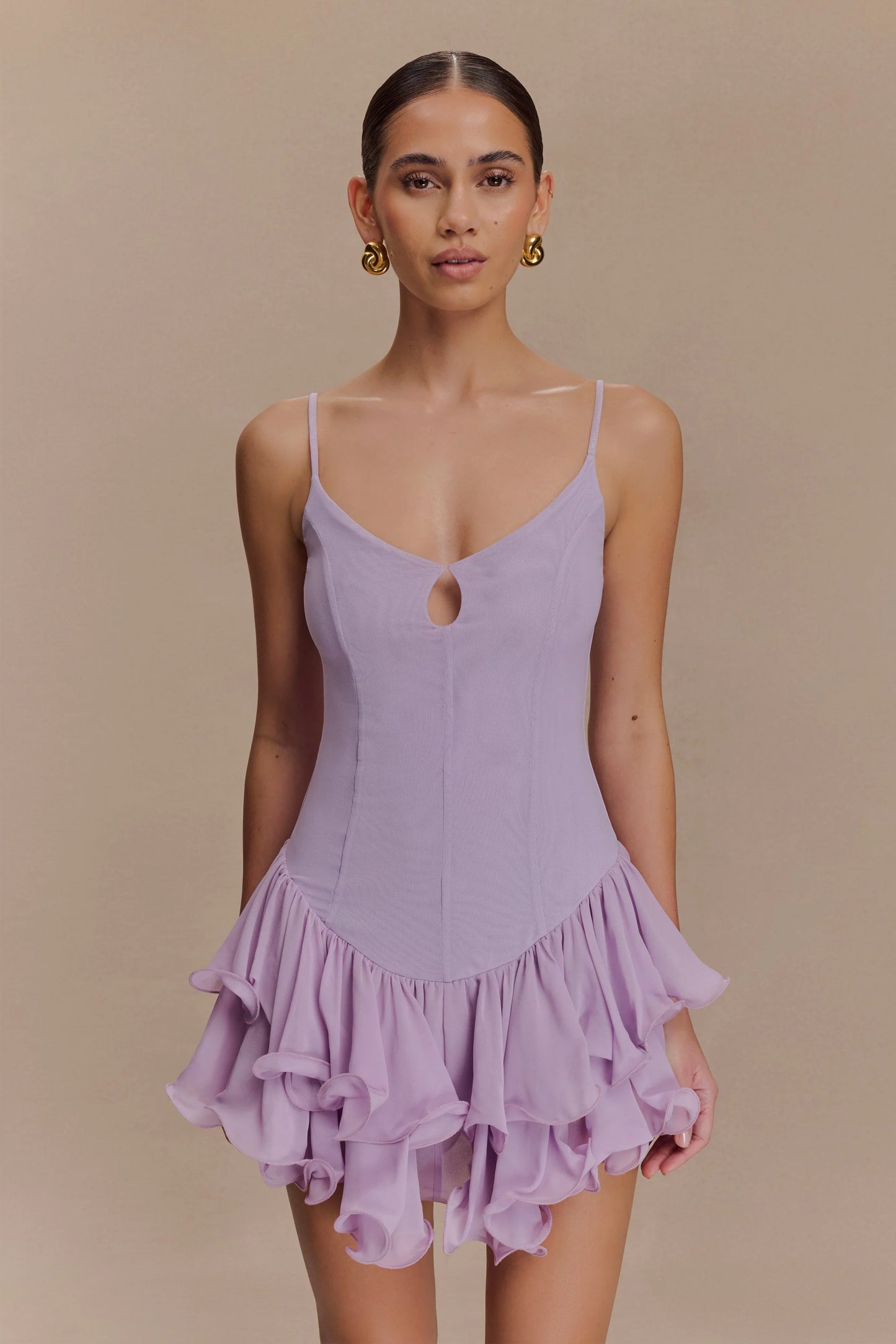 Calantha Ruffle Mesh Mini Dress Lilac