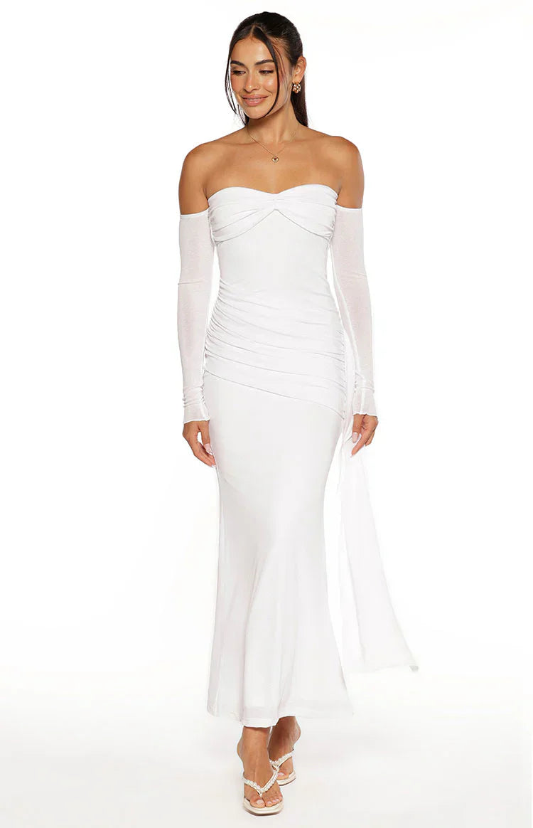 Breanna White Long Sleeve Ruched Maxi Dress