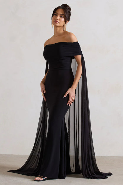 Carlotta Black Bardot Maxi Dress With Chiffon Cape