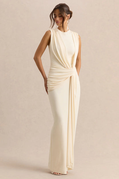 Blythia Cream Round Neck Maxi Dress With Gathered Detailing