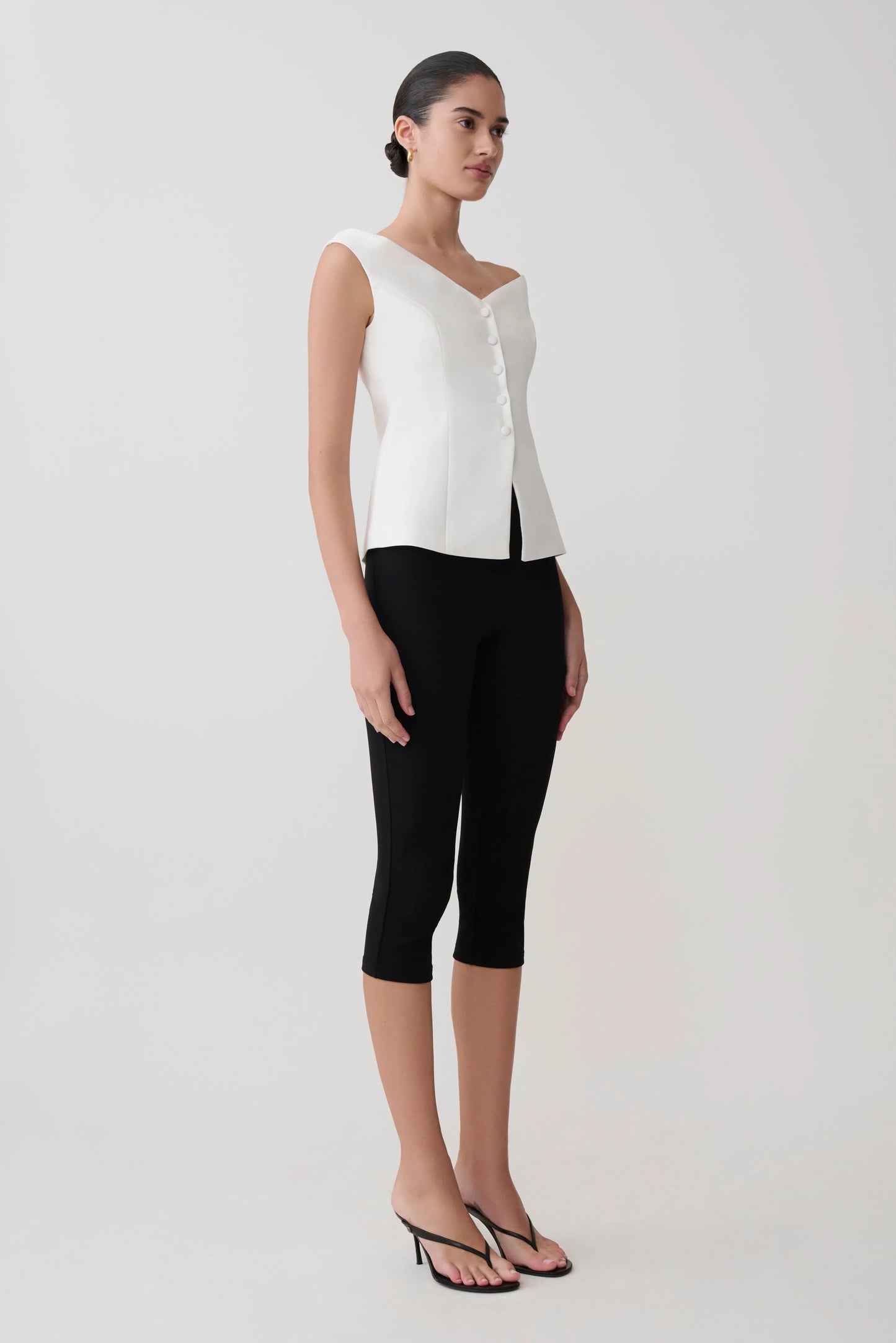 Billie Off Shoulder Sleeveless Button Top White
