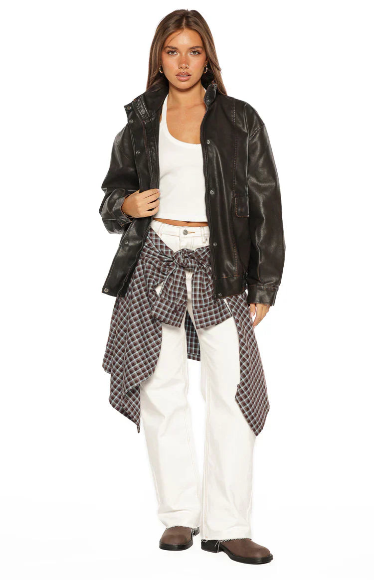 Blakely Brown Funnel Neck PU Jacket