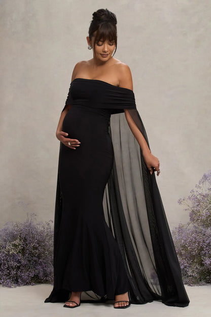 Carlotta Black Bardot Maternity Maxi Dress With Chiffon Cape