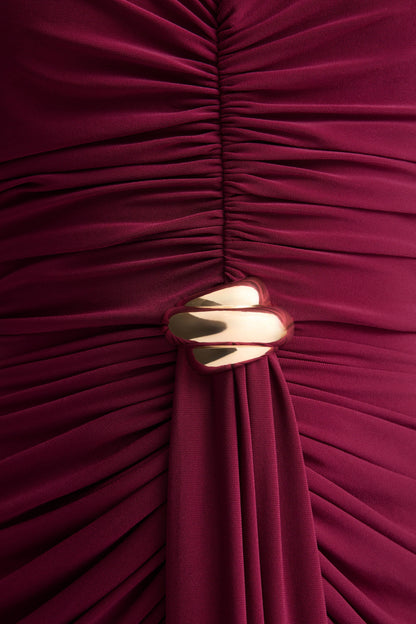 Beverly Burgundy Bandeau Maxi Dress With Gathered Detailing