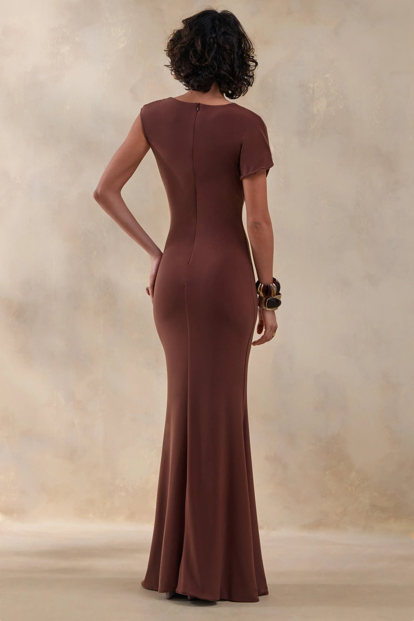 Blaire Brown Asymmetric Neck Maxi Dress With Gold Detailing