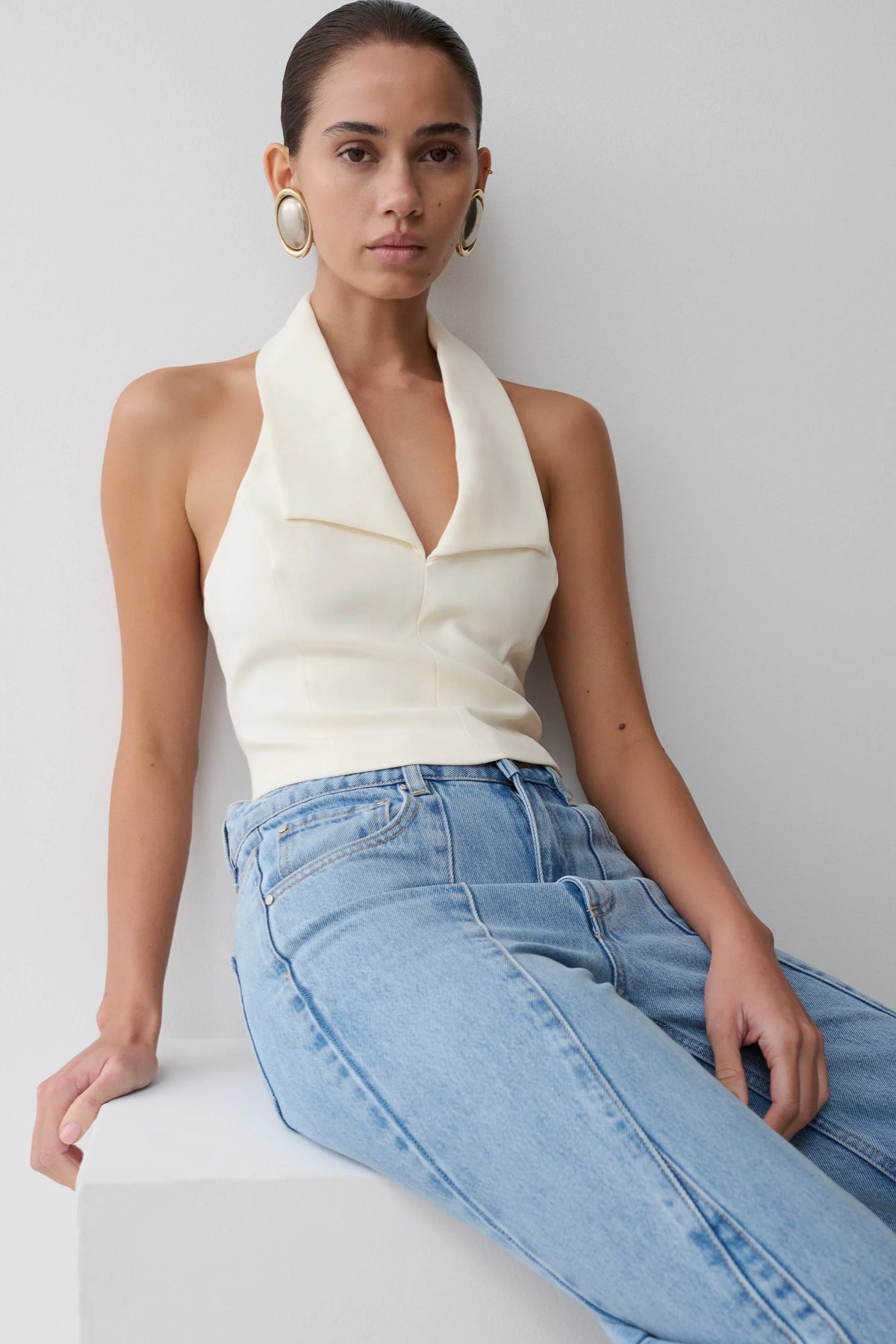 Calla Collared Sleeveless Halter Top Ivory