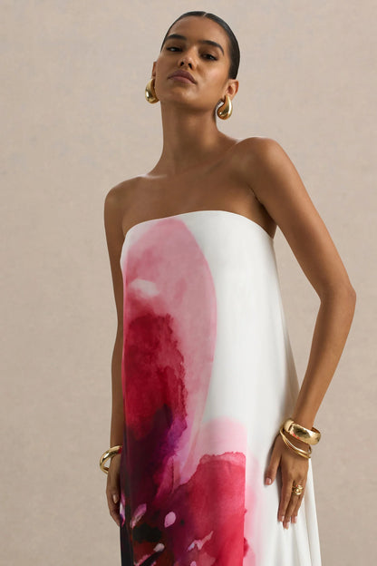 Breonna Bright Pink Floral Placement Print Bandeau Maxi Dress
