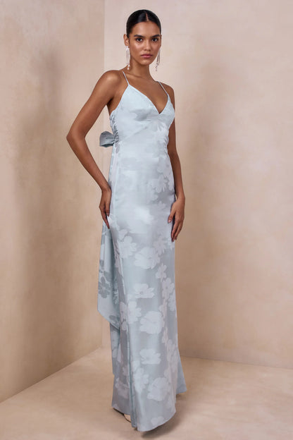 Carelle Powder Blue Satin Plunge Neck Maxi Dress With Asymmetric Drop Waist