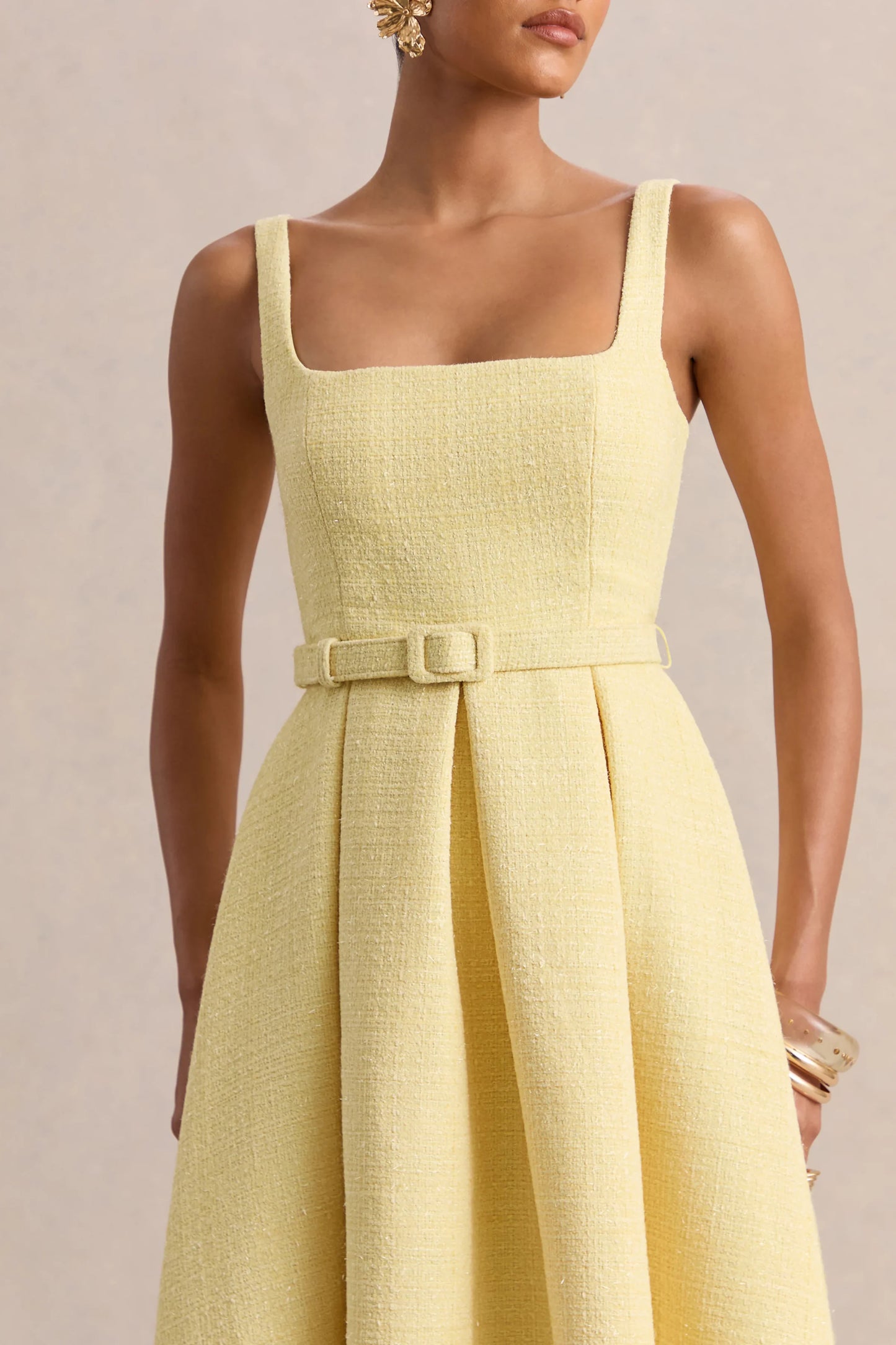 Camoria Lemon Boucle Square Neck Midi Dress