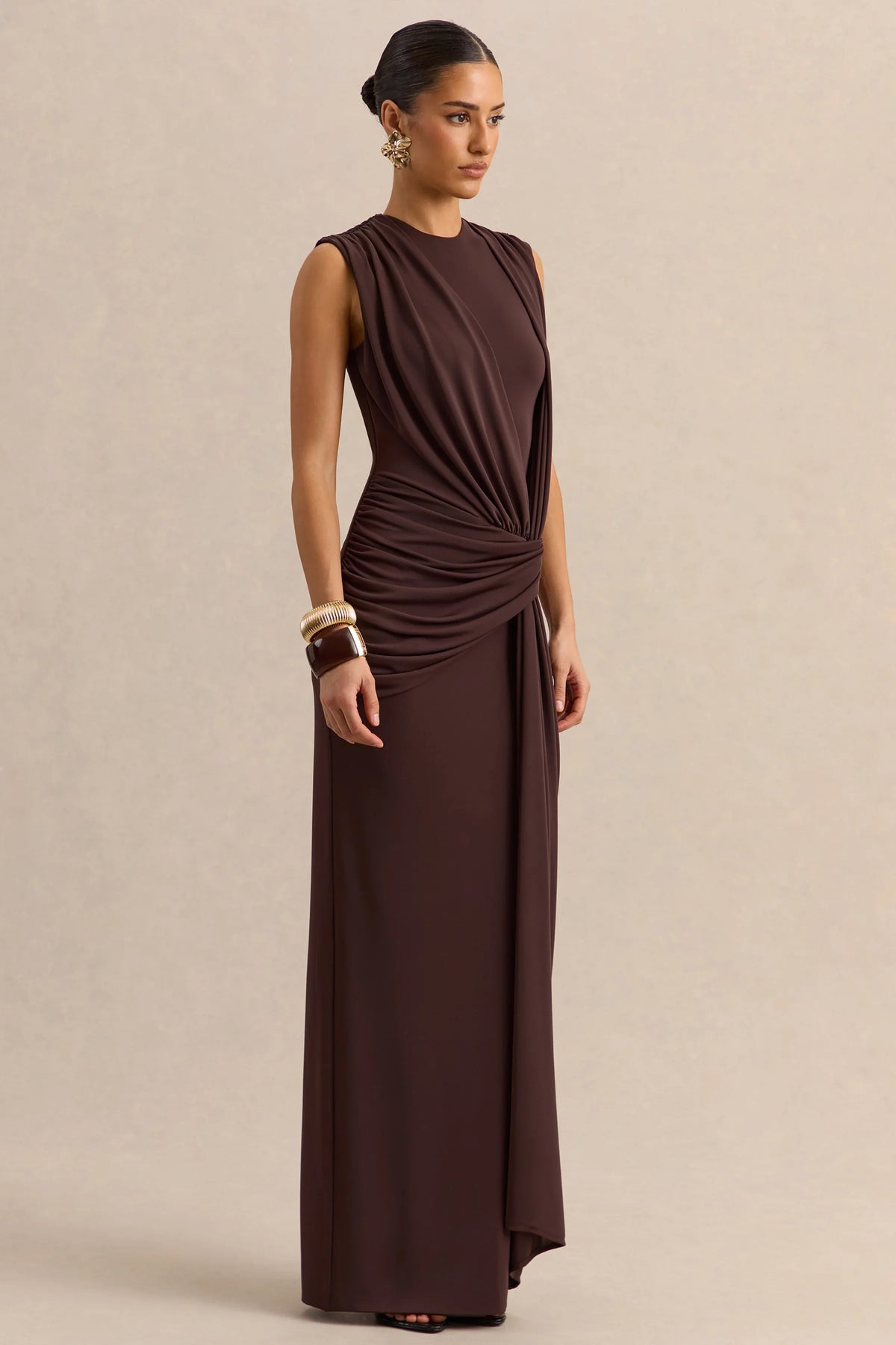 Blythia Brown Round Neck Maxi Dress With Gathered Detailing