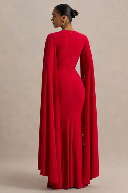 Briony Red Crew Neck Maxi Dress With Cape Sleeves