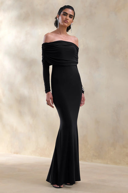 Brisea Black Bardot Neck Maxi Dress