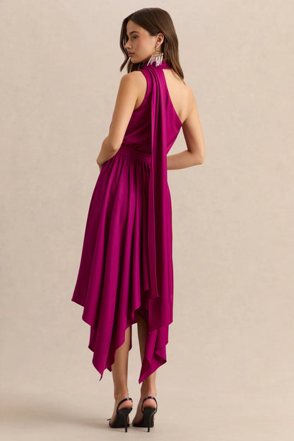 Caluna Hot Pink Satin Asymmetric Neck Midi Dress With Scarf Detail