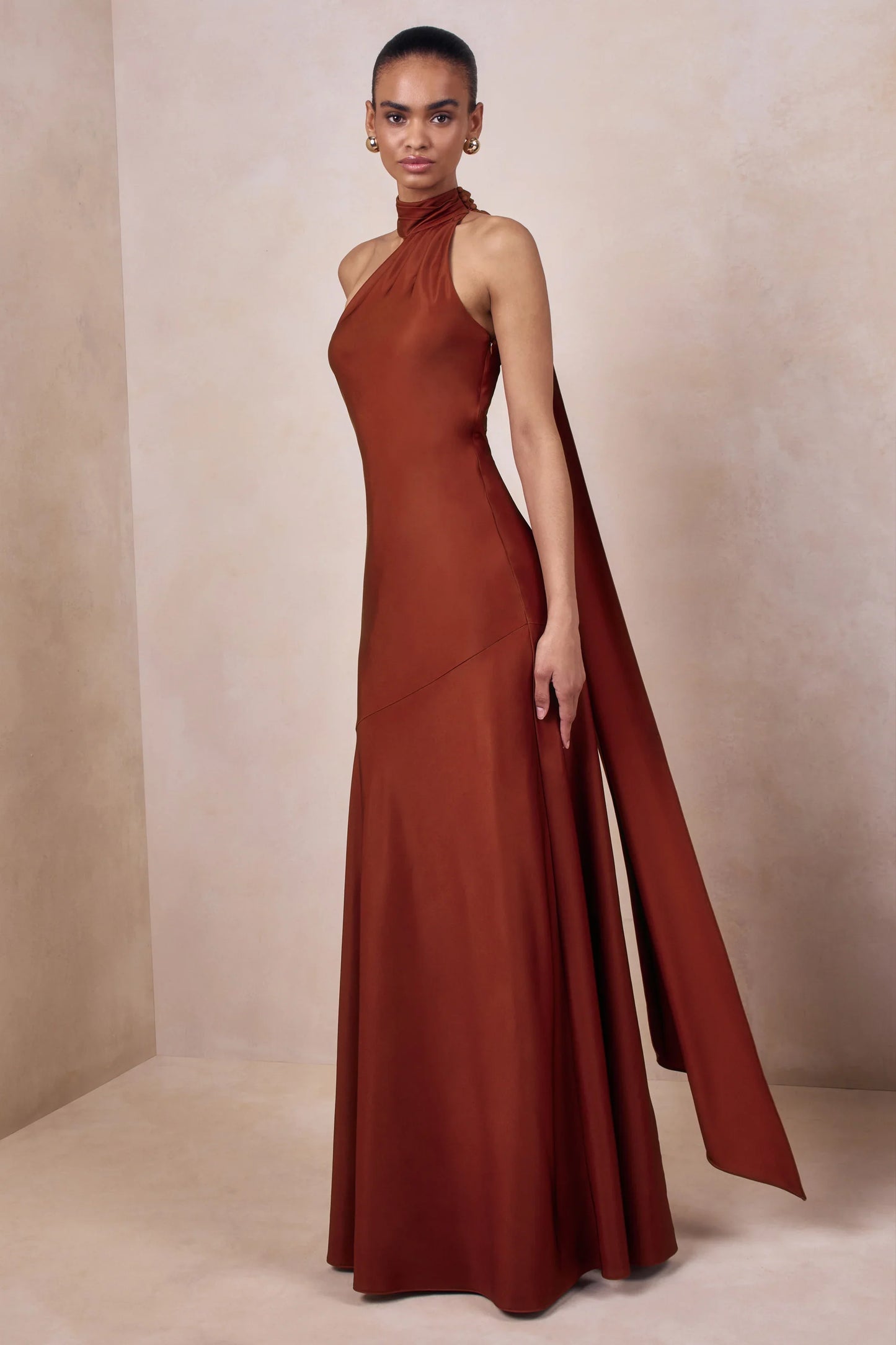 Cara Rust Matte Satin High Neck Maxi Dress