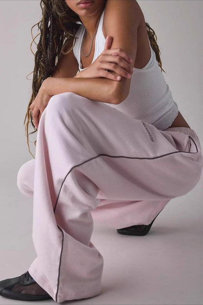Embroidered Elastic Waist Loose Straight Pants