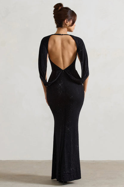 Broadway Black Embellished Fishtail Maxi Dress With Cape Sleeves