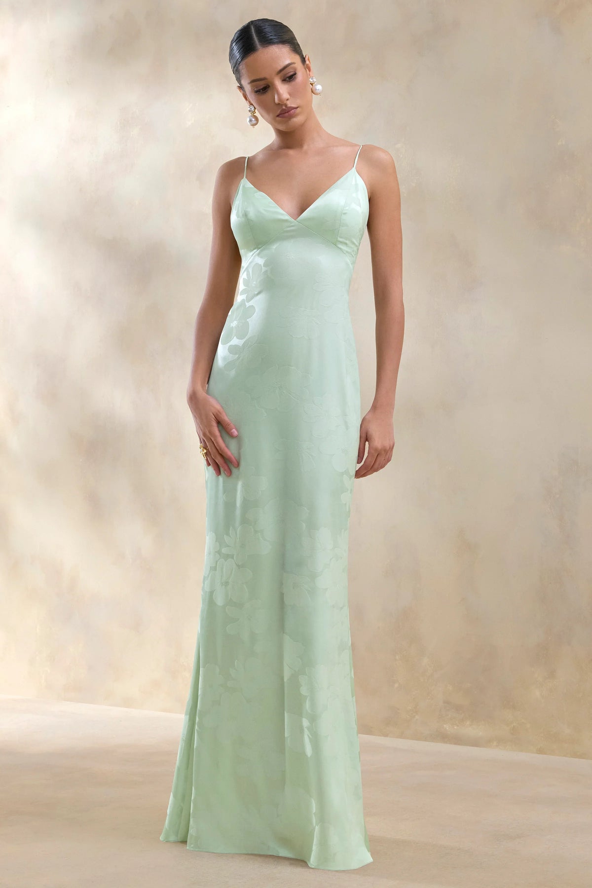 Carelle Green Satin Plunge Neck Maxi Dress With Asymmetric Drop Waist