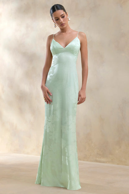 Carelle Green Satin Plunge Neck Maxi Dress With Asymmetric Drop Waist