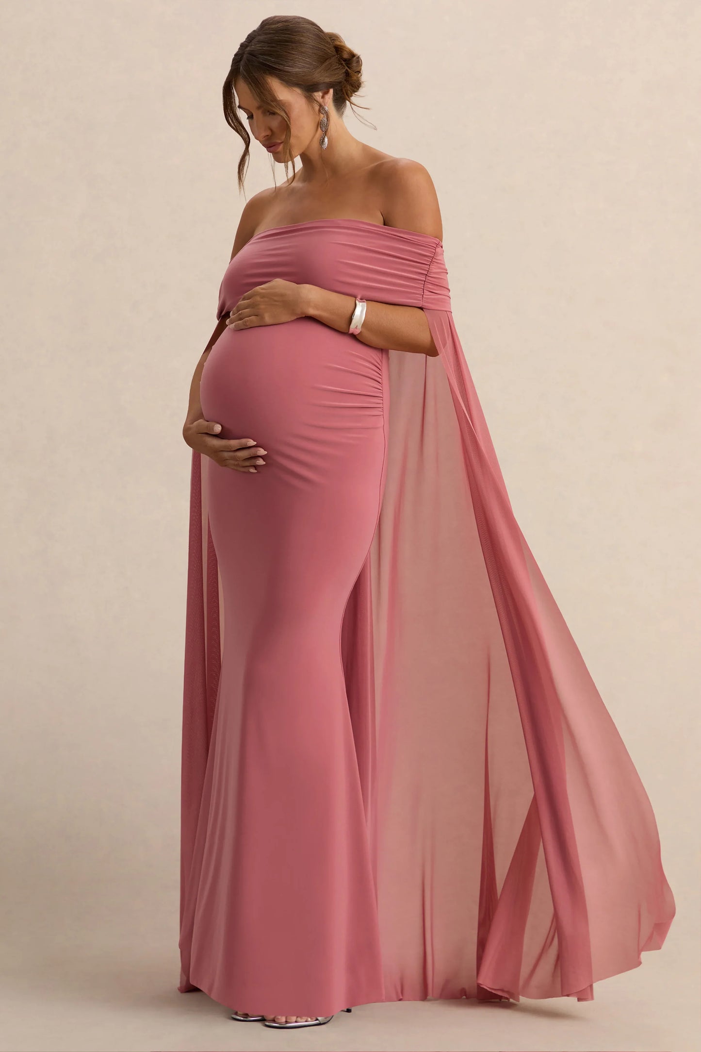 Carlotta Blush Pink Bardot Maternity Maxi Dress With Chiffon Cape