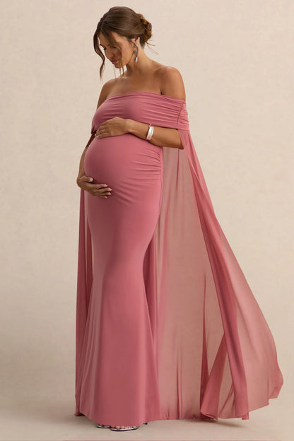 Carlotta Blush Pink Bardot Maternity Maxi Dress With Chiffon Cape
