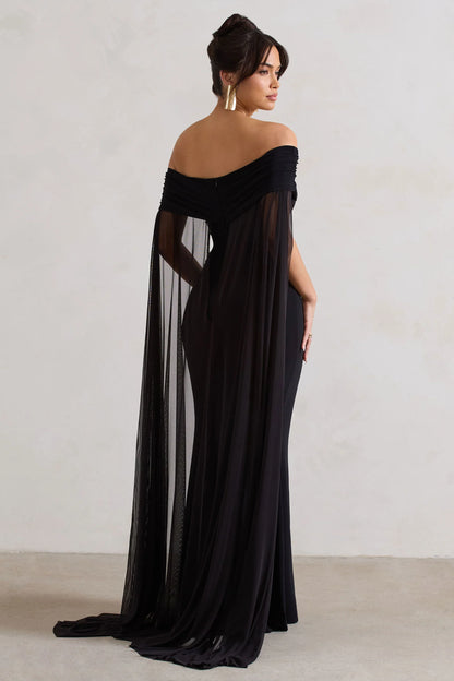 Carlotta Black Bardot Maxi Dress With Chiffon Cape