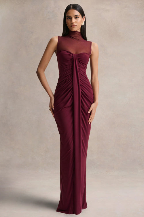 Brialle Burgundy High Neck Maxi Dress With Mesh And Gathered Detailing