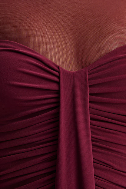 Brialle Burgundy High Neck Maxi Dress With Mesh And Gathered Detailing