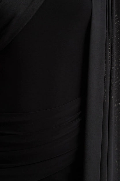 Brenda Black Crew Neck Maxi Dress With Mesh Cape And Sash
