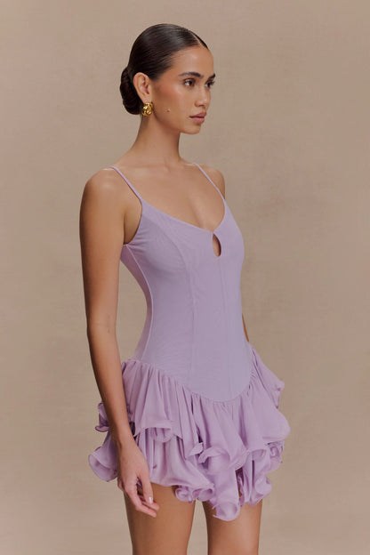 Calantha Ruffle Mesh Mini Dress Lilac