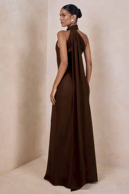 Cara Brown Matte Satin High Neck Maxi Dress