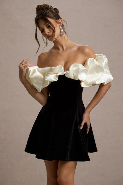 Brynne Black Cream Velvet Mini Dress With Satin Puff Sleeves