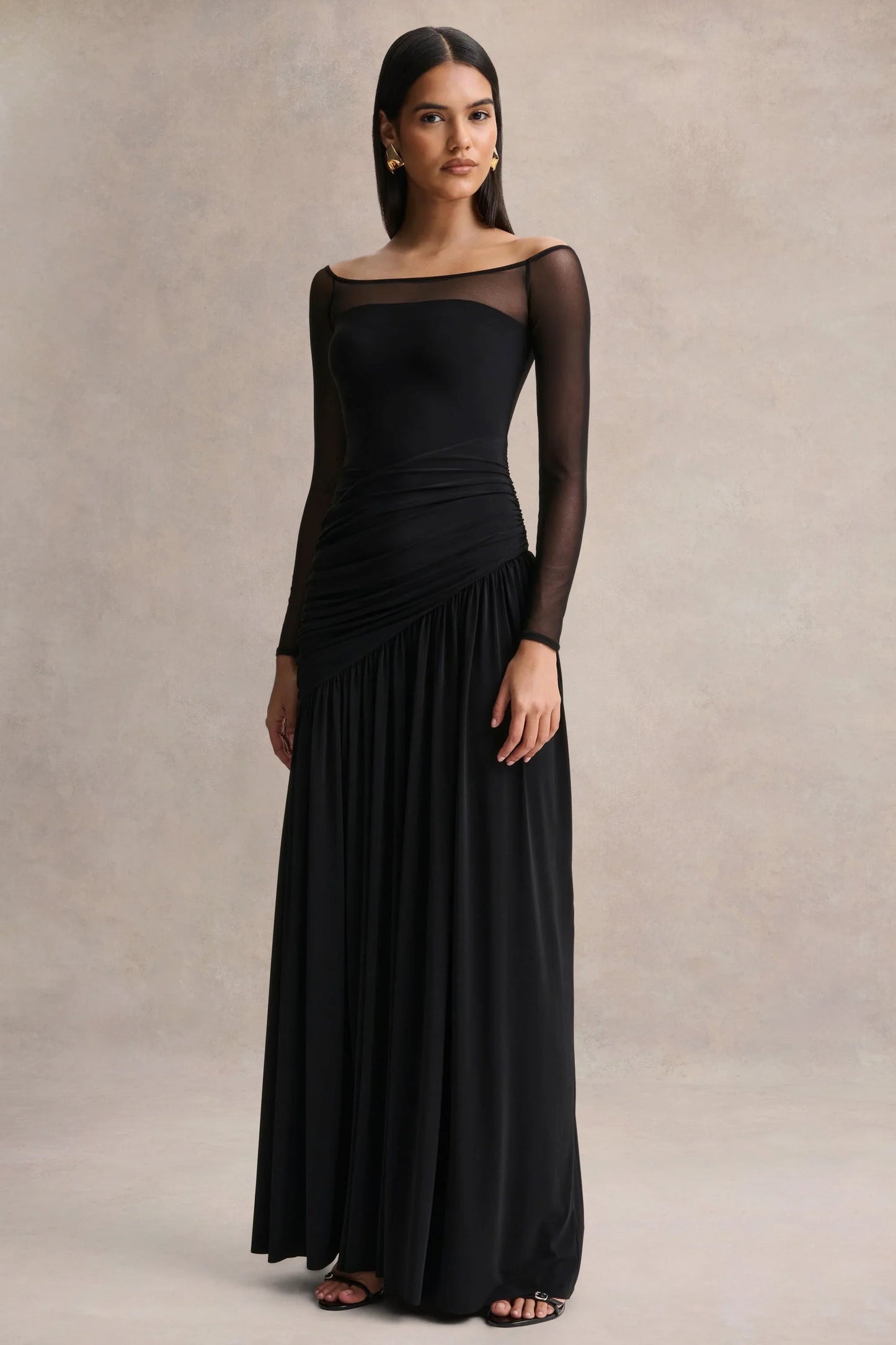 Bexley Black Bardot Neck Draped Maxi Dress With Long Mesh Sleeves