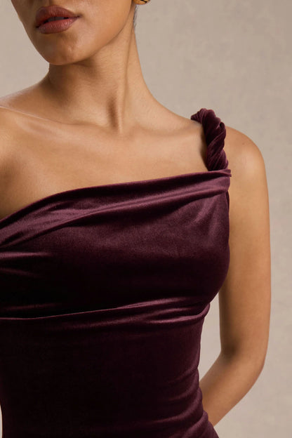 Carella Burgundy Velvet Twisted Asymmetric Midi Dress