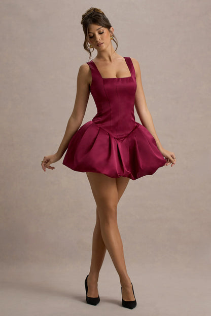 Bramble Port Satin Square Neck Puffball Mini Dress