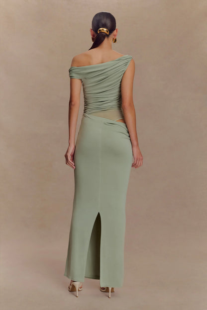 Callen One Shoulder Slinky Maxi Dress Sage