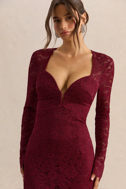 Camilly Burgundy Lace Plunge Neck Mermaid Midi Dress