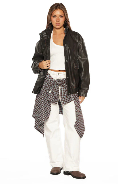 Blakely Brown Funnel Neck PU Jacket